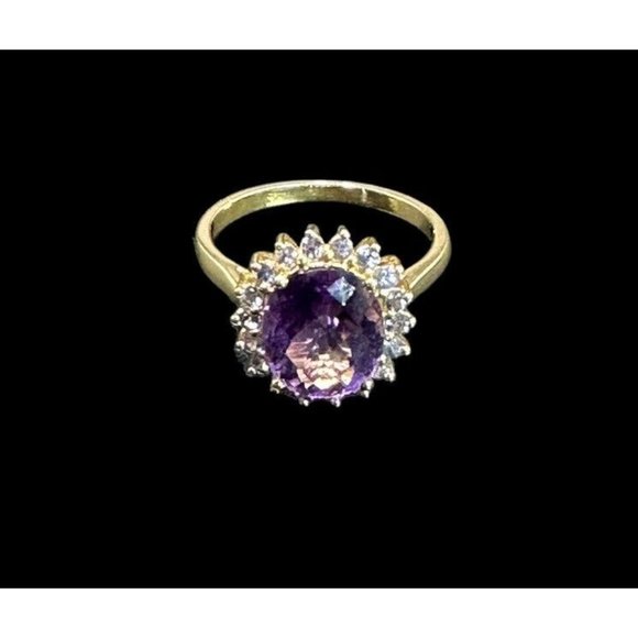 10k FP Ring Yellow Gold Oval Cut Amethyst Blue Topaz Halo Band Size 10 Signed - Picture 4 of 9